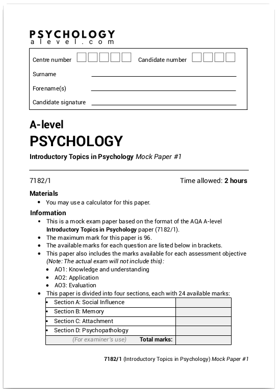 Introductory Topics in Psychology 5x Mock Exam Papers - Psychology A Level